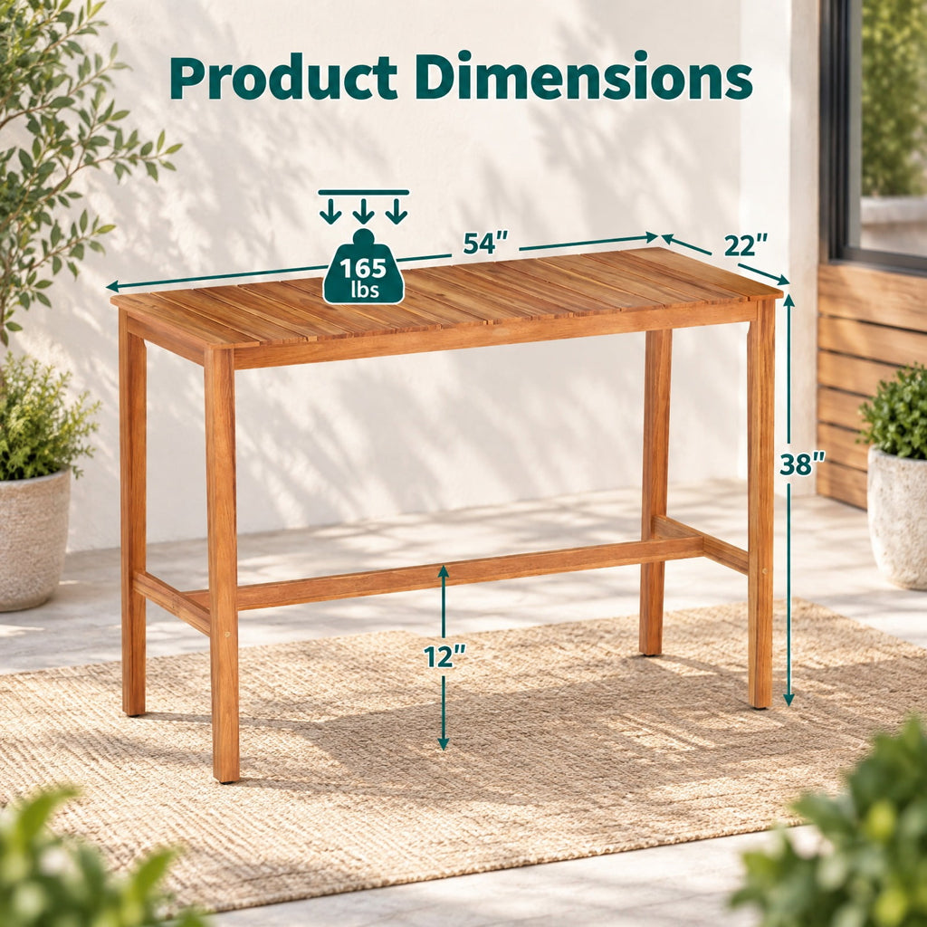 AIRFIND Counter Height Patio Table with Acacia Wood Slatted Top and Footrest Crossbar, Outdoor Bar Table with Reinforced Supports, Natural
