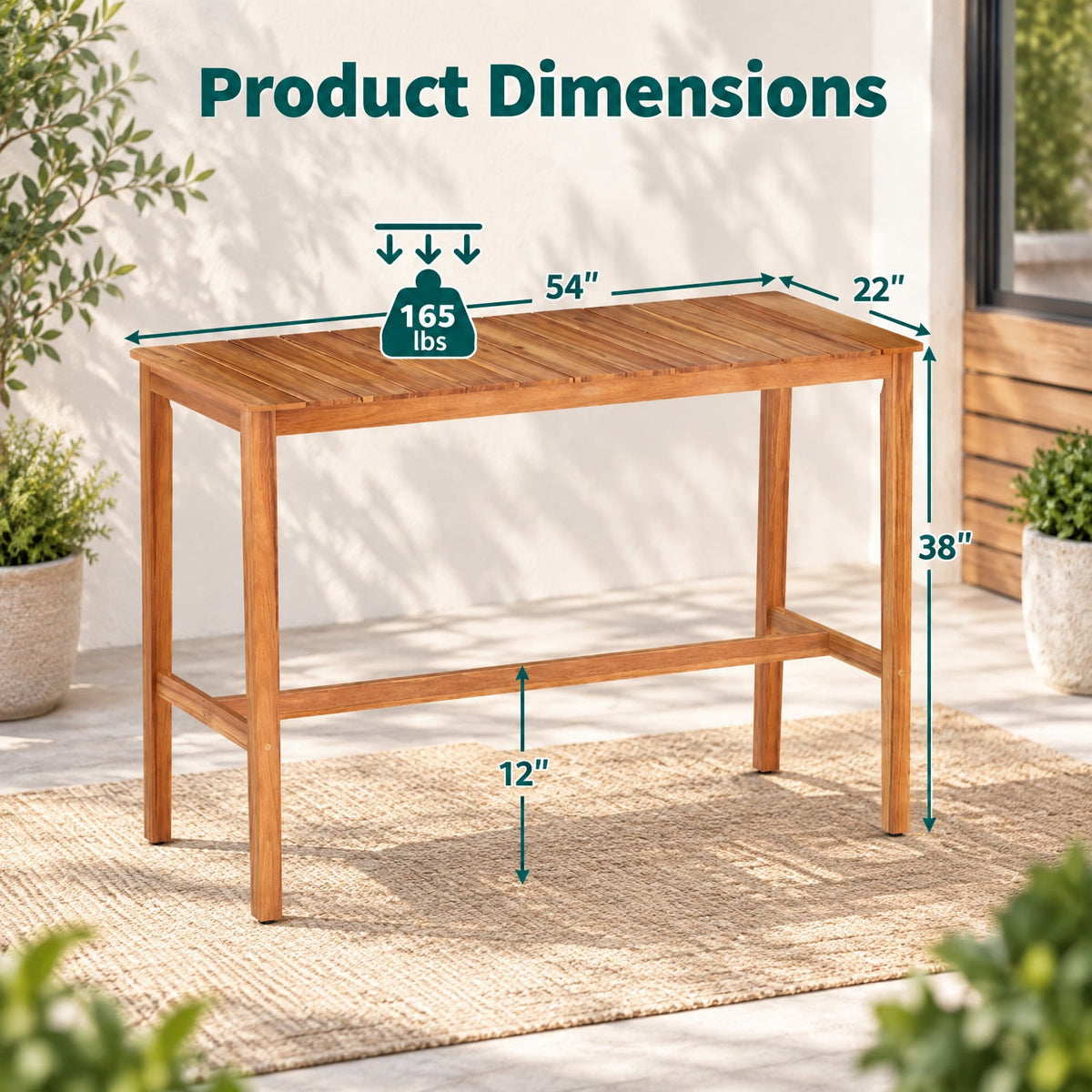 AIRFIND Counter Height Patio Table with Acacia Wood Slatted Top and Footrest Crossbar, Outdoor Bar Table with Reinforced Supports, Natural