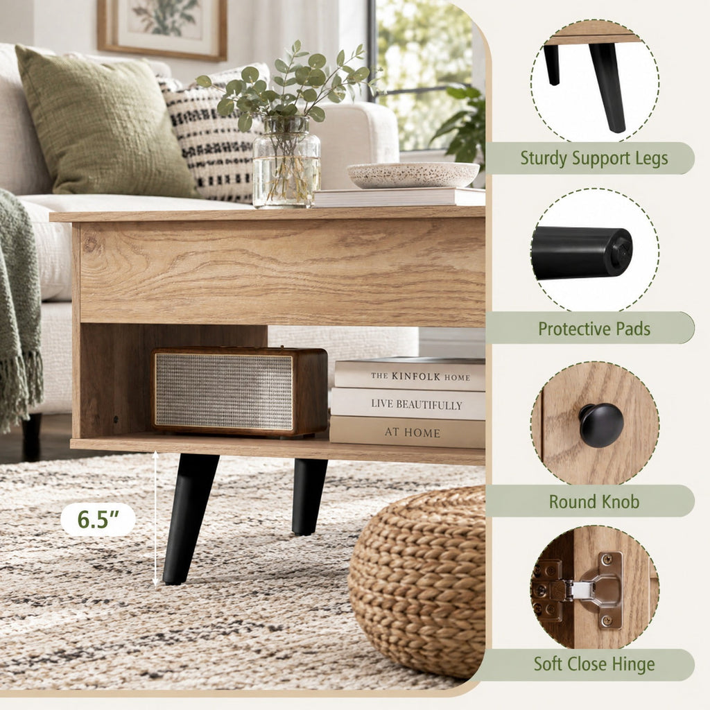 Airfind Lift Top Coffee Table with Storage and Hidden Compartment, 66 lbs Capacity, Engineered Wood MDF Frame, 39.5 x 19.5 x 18 Footprint