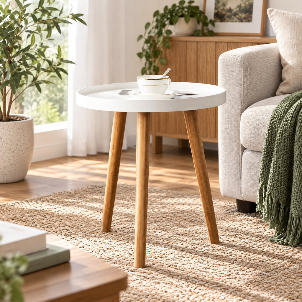 Airfind Round Side Sofa Coffee Table with Wooden Tray, 33 lbs Capacity, MDF panel bamboo feet Frame, White