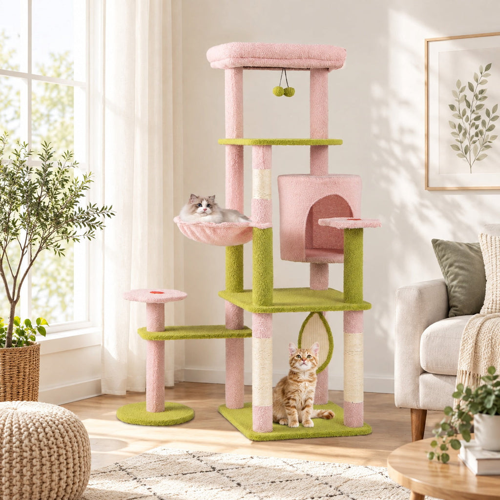 Airfind 58 Inch Tall Multi-Level Cat Tree Aesthetic Floral Kitten Tower, Teddy Plush Fabric Sisal Engineered Board Frame, Pink