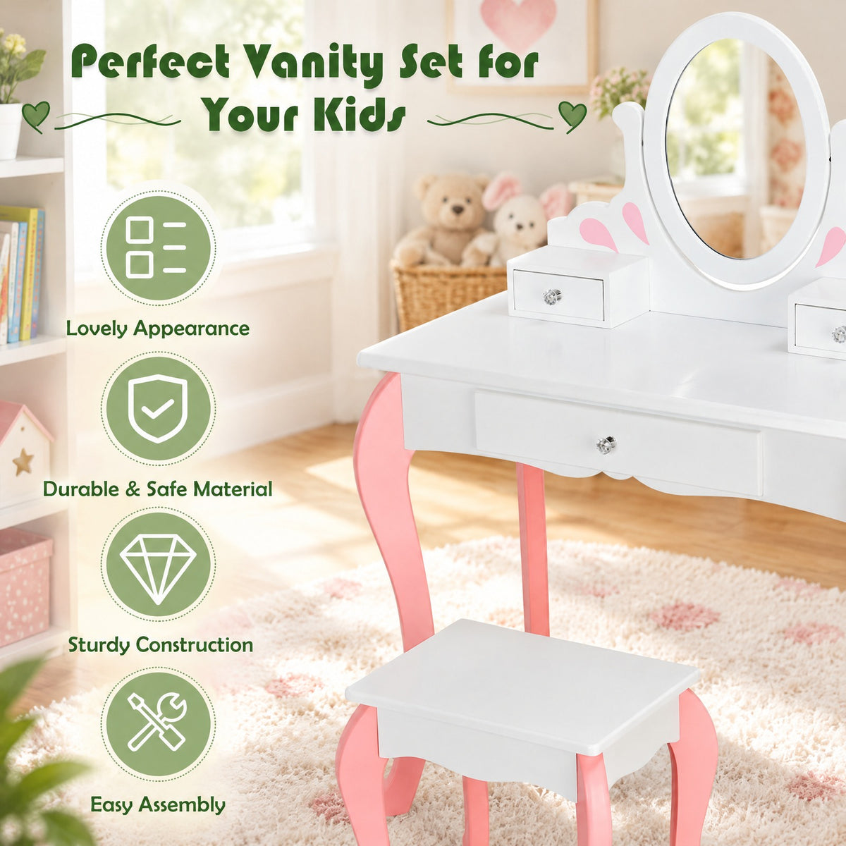 Airfind Kids Vanity Princess Makeup Dressing Table Stool Set with Mirror and Drawer, 44 lbs Capacity, MDF Frame, White
