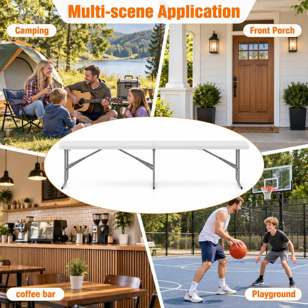 AIRFIND Folding Bench, 6 ft Portable HDPE Picnic Seat with Carrying Handle, Locking Metal Legs and Non-Slip Feet, 660 lb Capacity, White