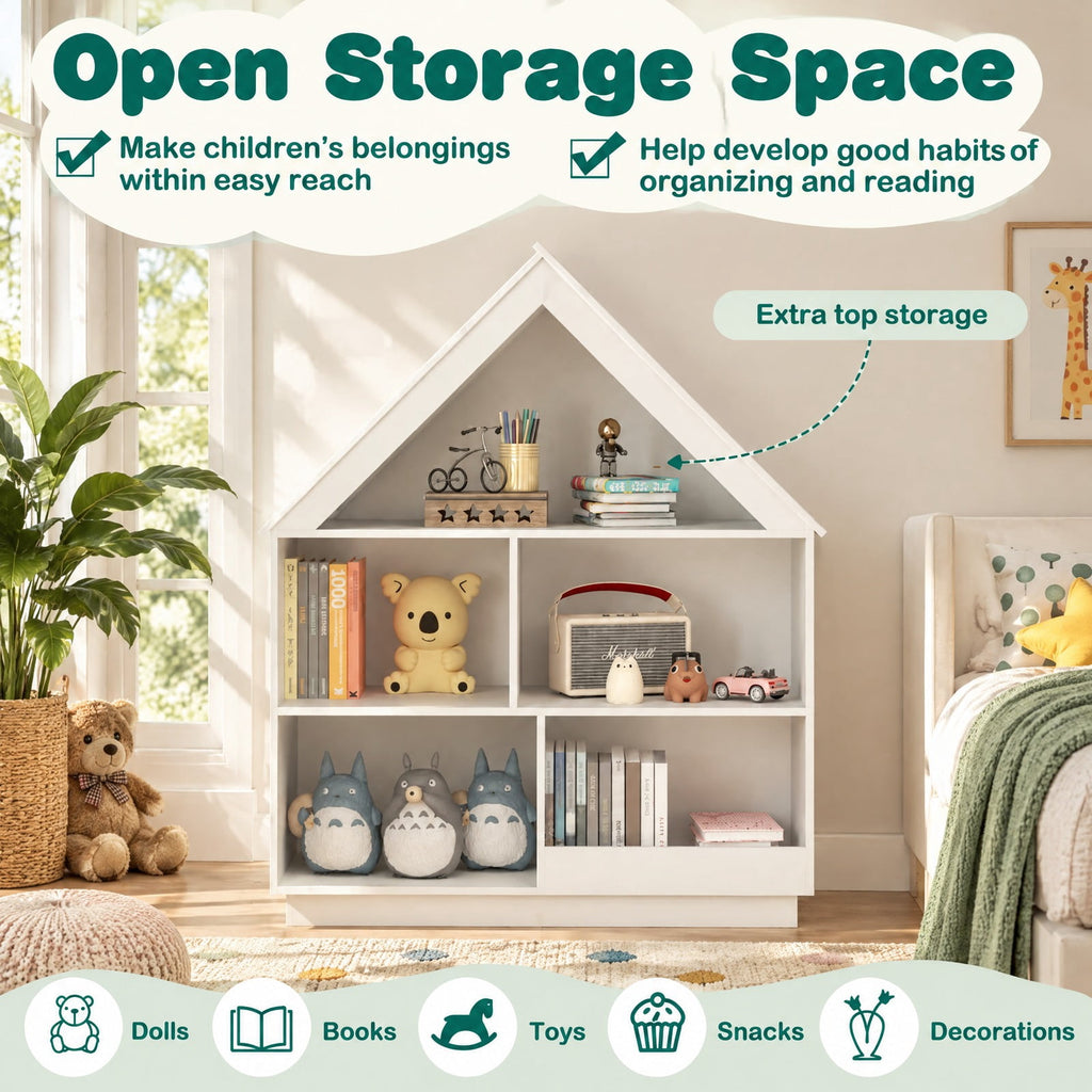 Airfind 3-Tier House-Shaped Toy Storage Organizer with Open Shelves, 240 lbs Capacity, MDF Engineered Wood Frame, 34.5 x 13.5 x 42.5 Footprint