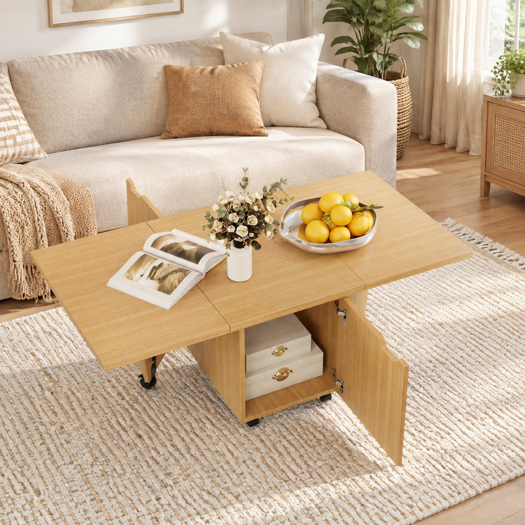 Airfind Foldable Coffee Table with Storage Cabinet Extendable Center Table, 155 lbs Capacity, Engineered Wood Frame, 48in x 24in x 18in Footprint, Oak