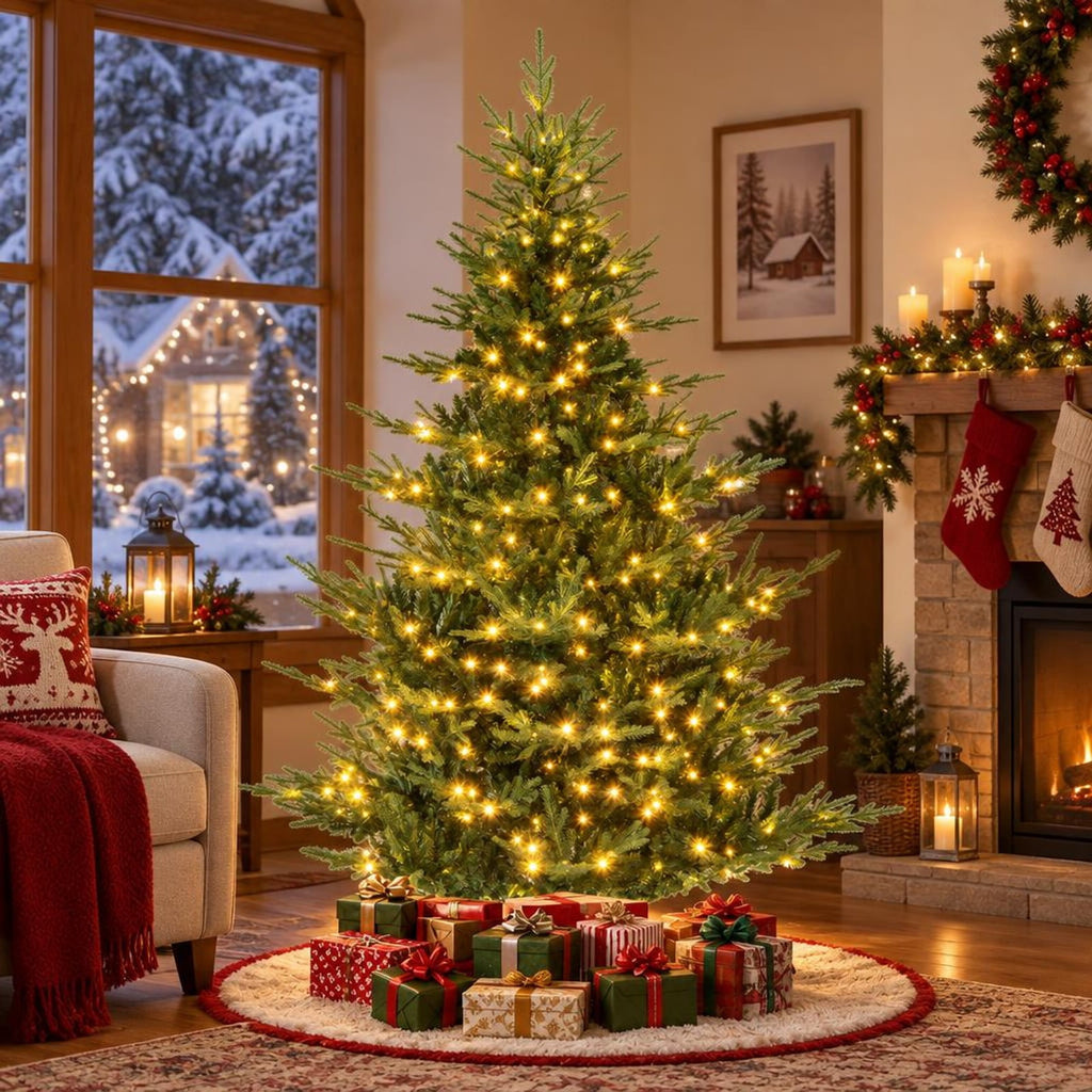 Airfind Artificial Christmas Tree with Branch Tips and Warm White LED Lights-7 Feet, White, Folding metal stand with protective foot pads