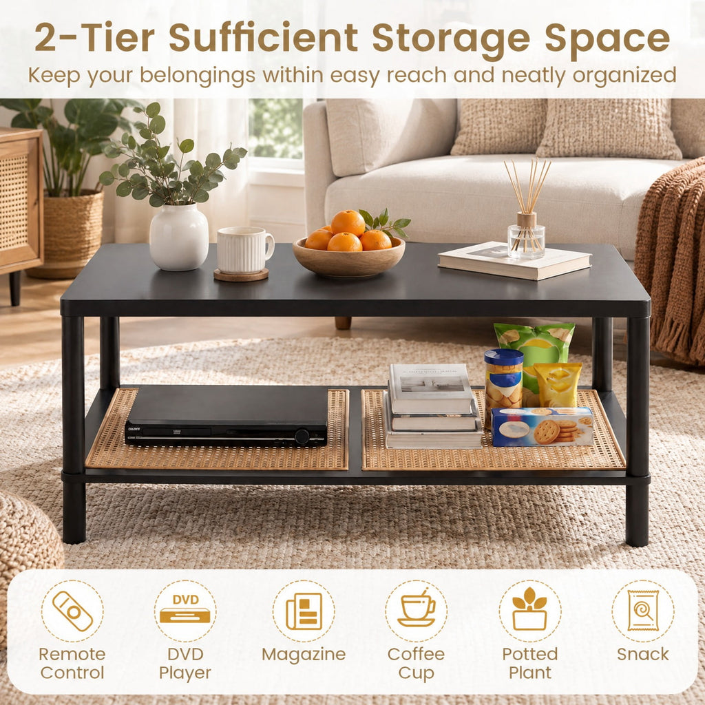Airfind 2-Tier Boho Coffee Table for Living Room Rectangular Center Table with Rubber Wood Frame and PVC Rattan Storage Shelf, 185 lbs Capacity