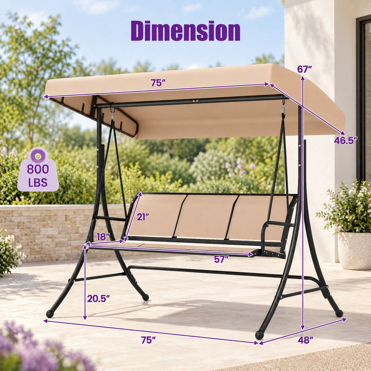 Airfind 3-Seat Patio Swing Chair with Adjustable Canopy, 800 lbs Capacity, Metal Frame, 75 Inch x 48 Inch x 67 Inch Footprint, Beige