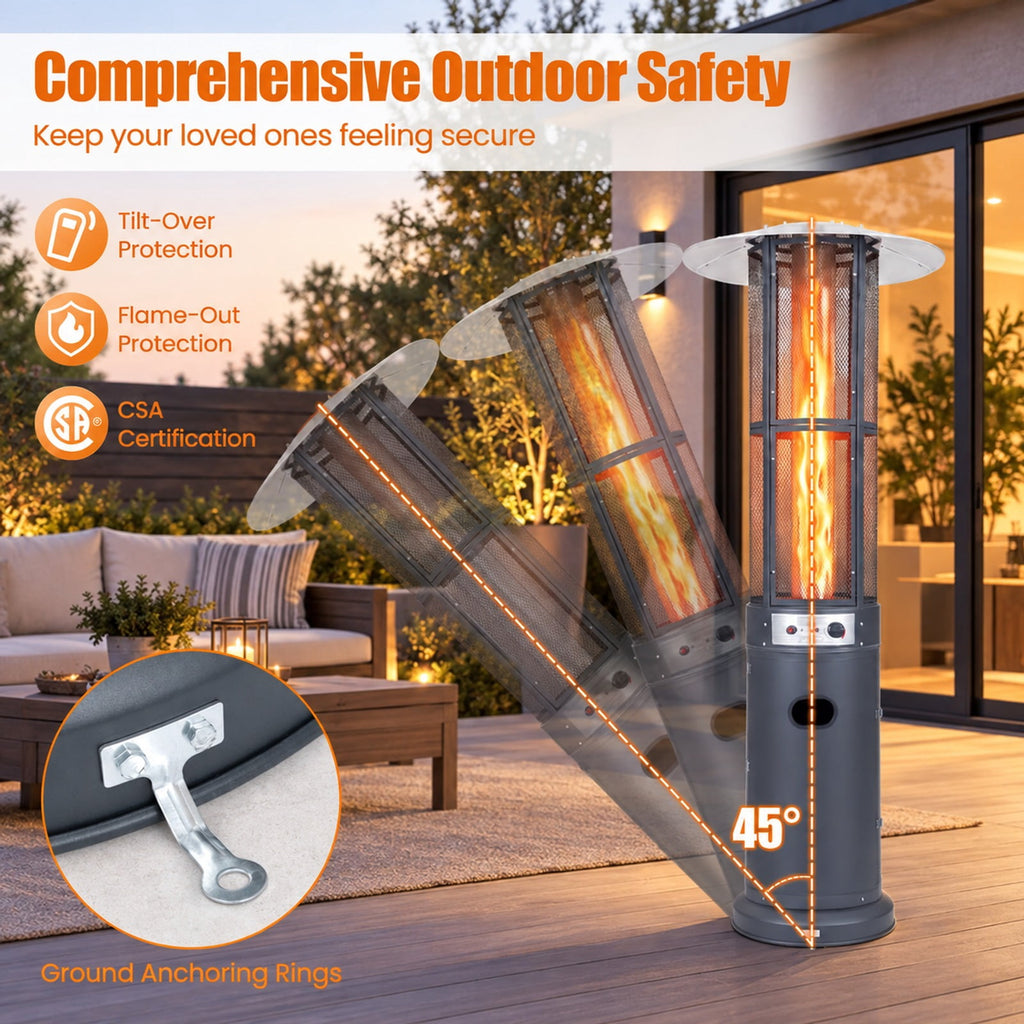 Airfind Outdoor Propane Patio Heater with Glass Tube and Tilt-Over Protection, Metal Frame, 27.5in x 74.5in Footprint, Dark Gray