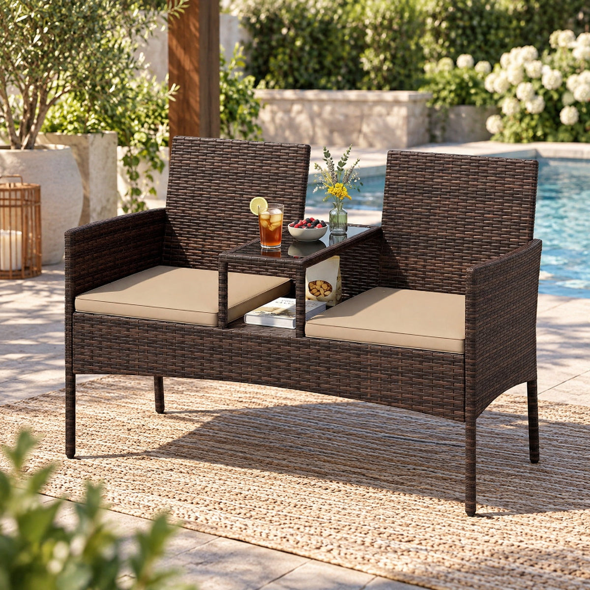 Airfind Patio Loveseat Wicker 2-Seat Conversation Set with Built-in Coffee Table, 800 lbsWeight Capacity, PE Frame, 47.5 x 23 x 33 Footprint