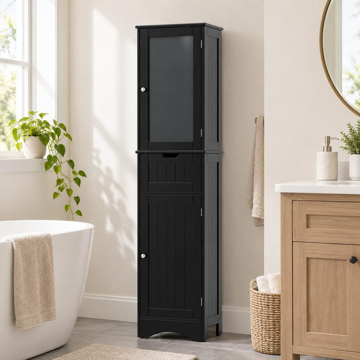 Airfind Tall Floor Storage Cabinet with 2 Doors and 1 Drawer for Bathroom, MDF Tempered Glass Frame, 16in x 12in x 67in Footprint, Black