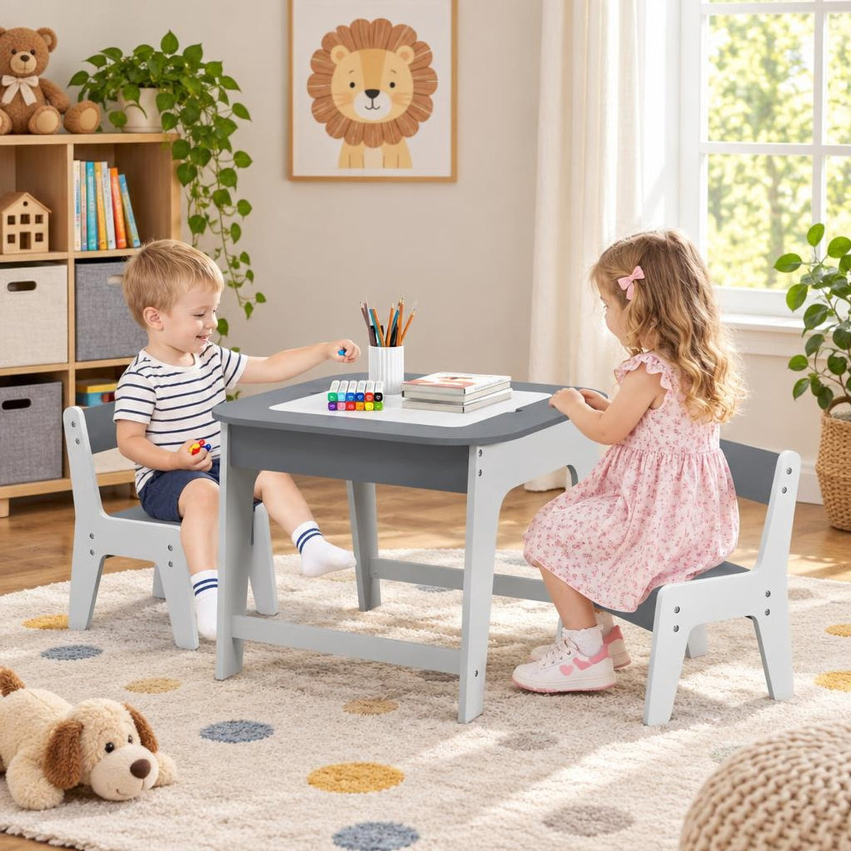 Airfind Youth Table and Chairs Set with Double-sized Tabletop, 44 Lbs Capacity, Mdf, for 3-6 Years Old for Convenient Everyday Use, Gray