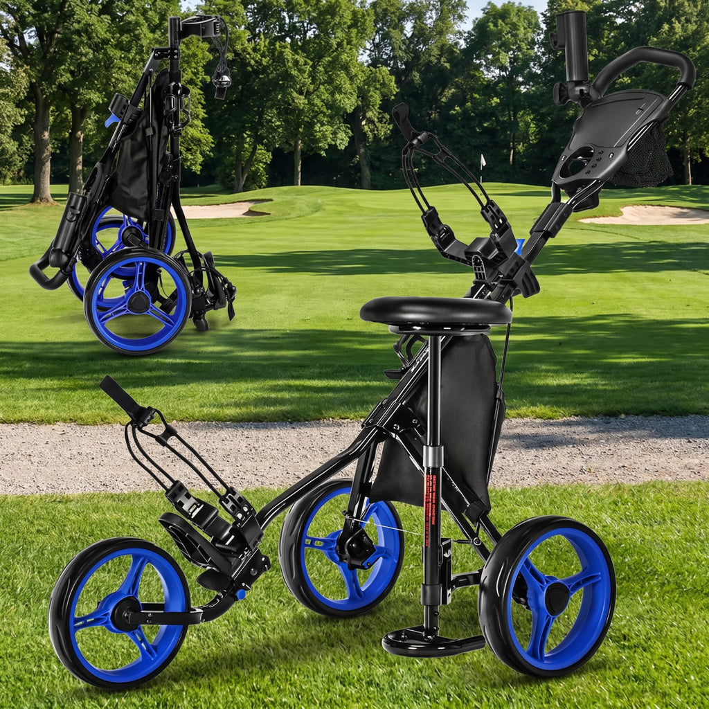 Airfind 3 Wheel Folding Golf Push Cart with Cushioned Seat and Scoreboard and Adjustable Handle and Quick Brake for the Course, Blue
