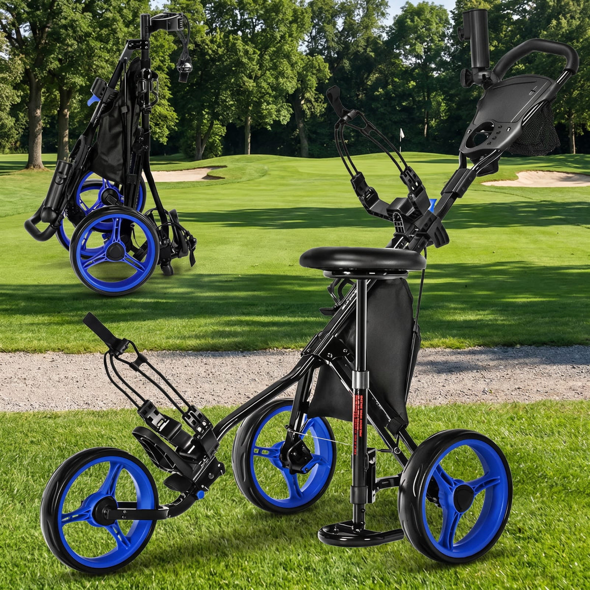 Airfind 3 Wheel Folding Golf Push Cart with Cushioned Seat and Scoreboard and Adjustable Handle and Quick Brake for the Course, Blue