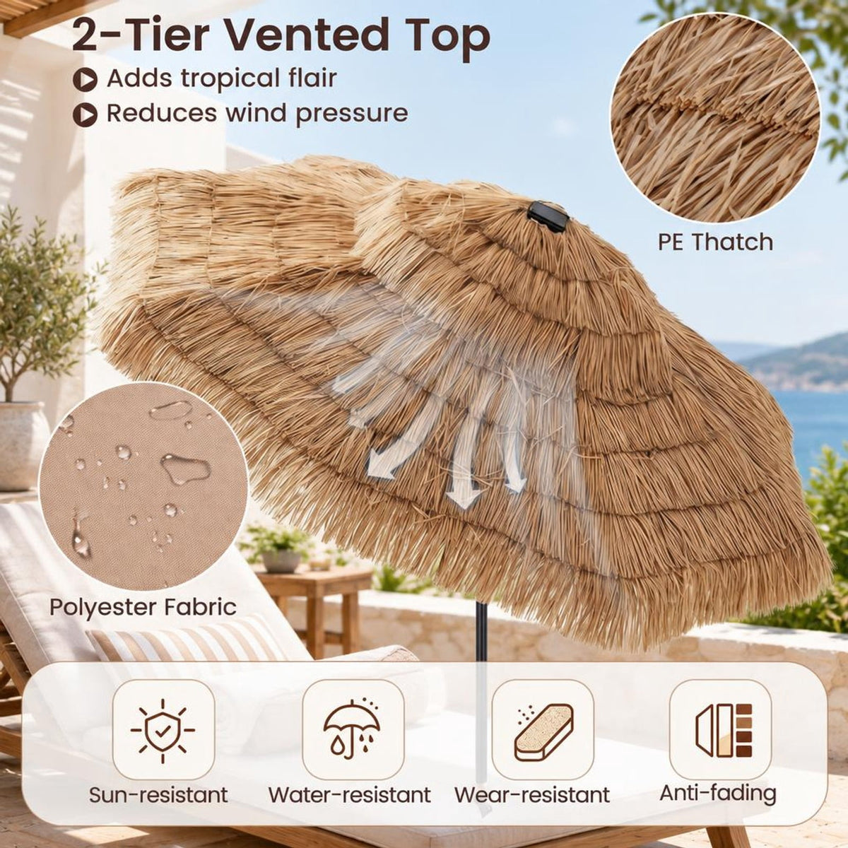Airfind 9 FT Solar Thatched Tiki Umbrella with 96 Multi-colored Flowing Lights and 12 Modes, PE Thatch Polyester Fabric Metal Frame, Beige