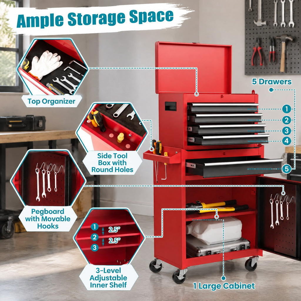 Airfind 2-in-1 Tool Chest and Cabinet with 5 Sliding Drawers-Black and Red, 220.5 lbs Capacity, Steel rubber-plastic synthetic Frame, Gray