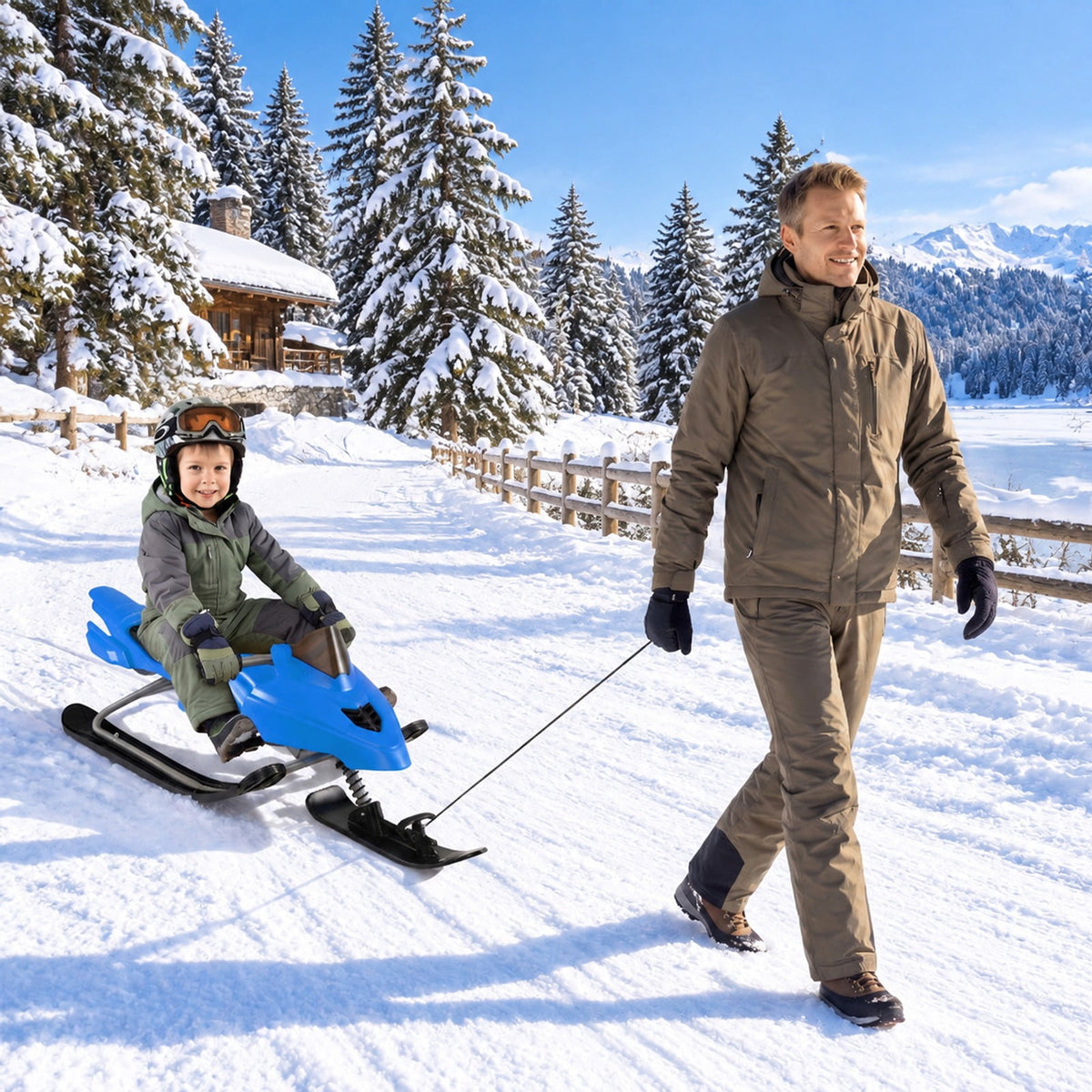 Airfind Kids Snow Racer Sled with Brakes and Tow Ropes and Steering Handle for Winter, 90 lbs Capacity, PP Metal Frame, for 6-12 Years Old, Blue