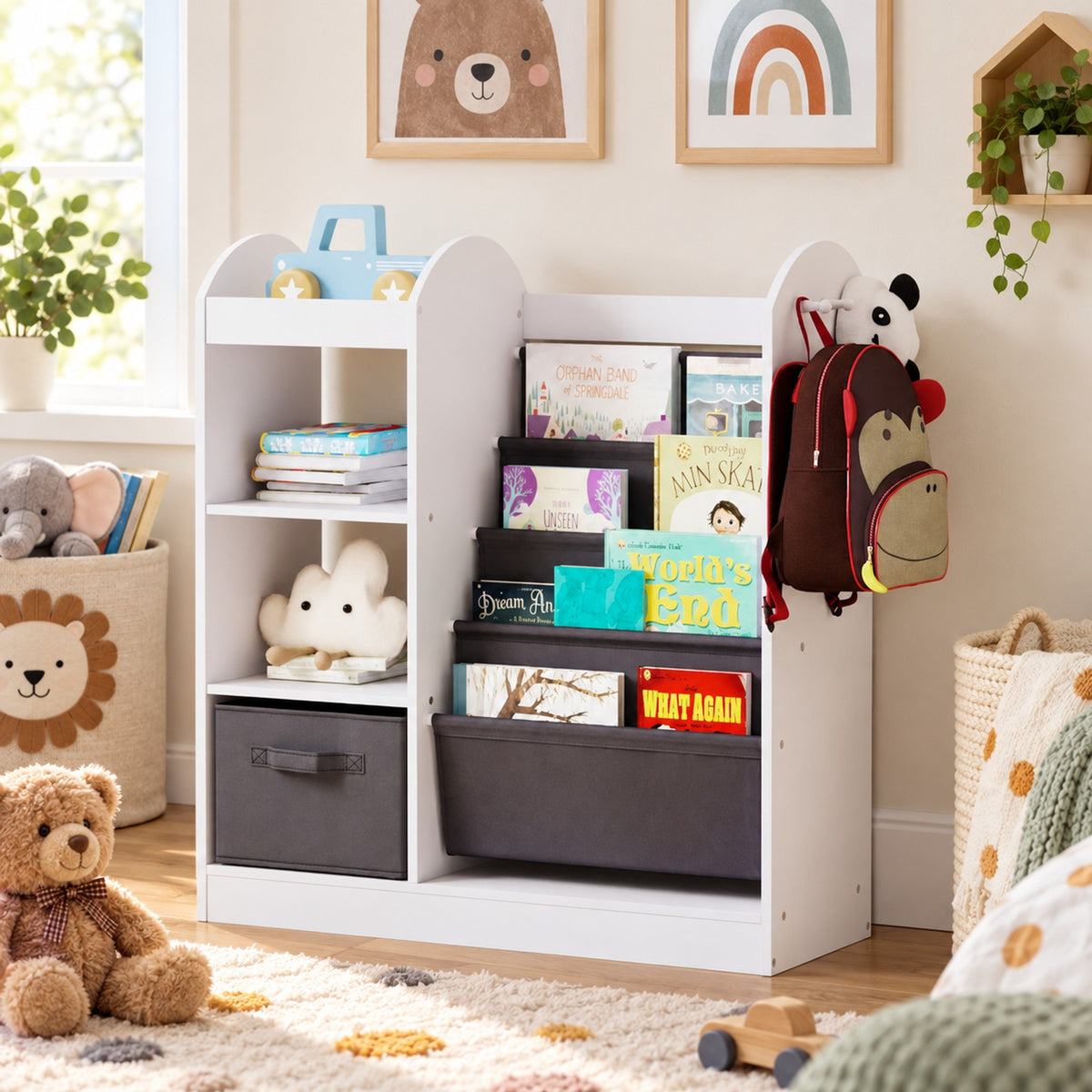 Airfind Toy Storage Organizer with 4-Tier Sling Shelves, 22 lbs Capacity, MDF Pine Wood Fabric Frame for Everyday Use, White