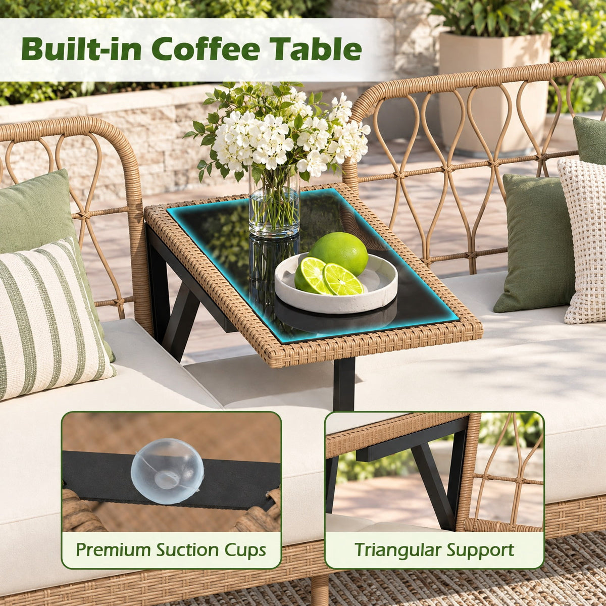 Airfind 2-Seat PE Rattan Outdoor Loveseat with Built-in Coffee Table and Soft Cushions, White, Capacity of Table 100 lbsWeight