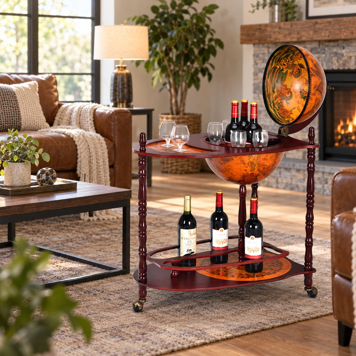 Airfind Vintage Globe Rolling Wine Bar Cart with Extra Shelf, Wood， plastic globe Assembly Frame, Brand new and high quality