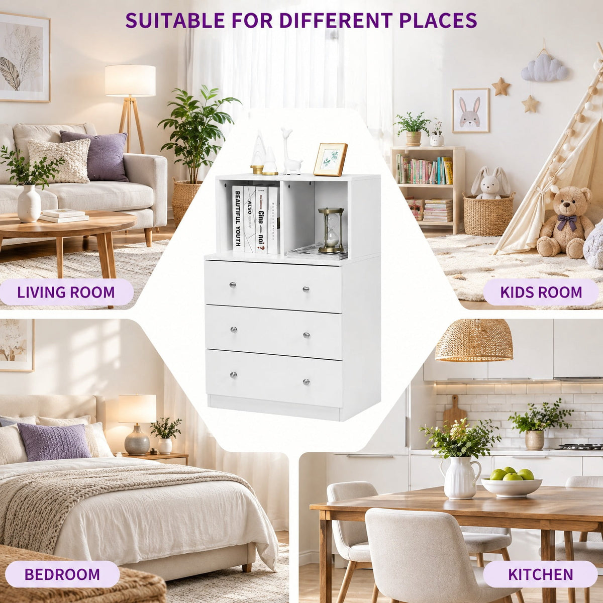 Airfind 3 Drawer Dresser with Cubbies Storage Chest for Bedroom Living Room, Engineered wood metal Frame, 24in x 16in x 37in Footprint, White