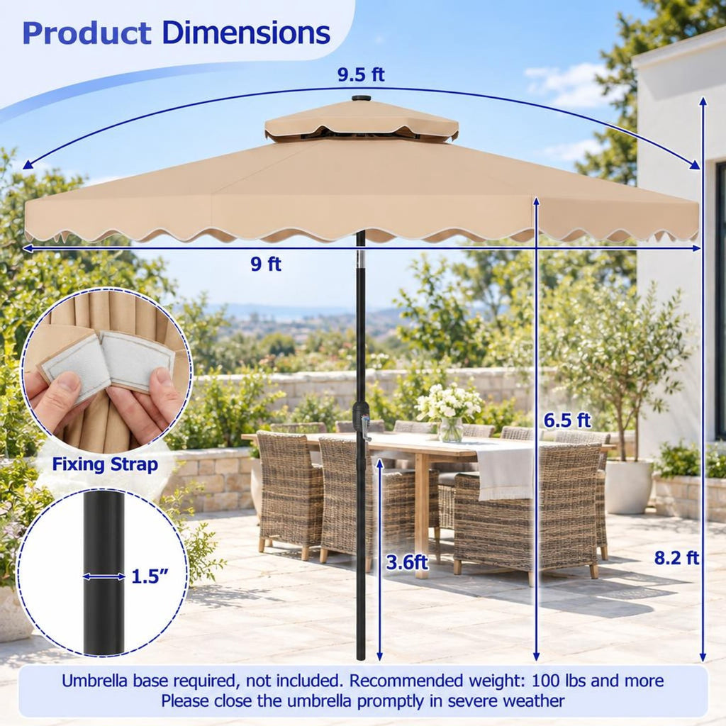 Airfind 9 FT Solar LED Patio Umbrella Push-Button Tilt and Crank 24 LED Lights and 8 Ribs, Polyester Fabric Metal Frame, 9 x 8.2 ft Footprint, Beige