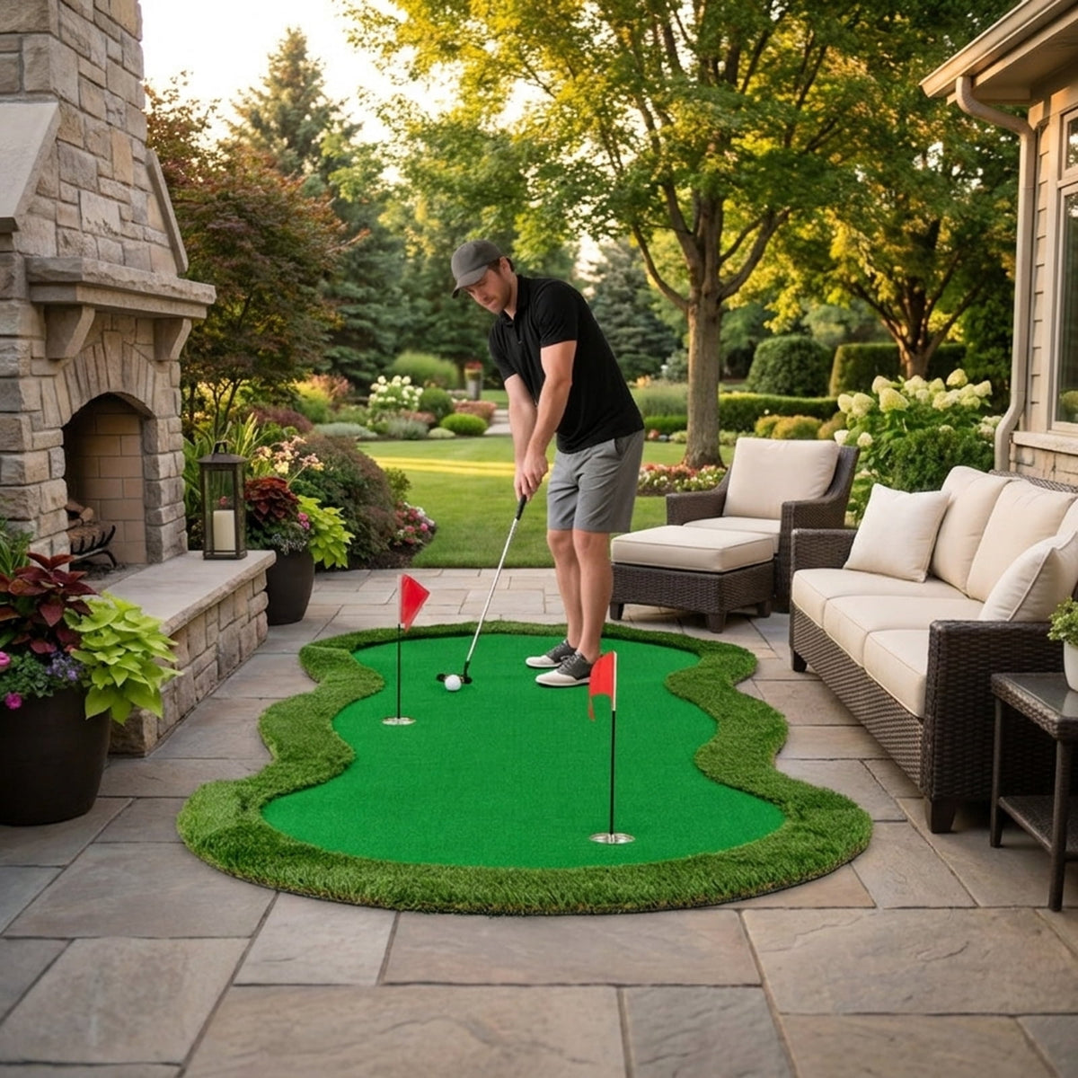Airfind Foldable Golf Chipping Mat with realistic turf and multiple target holes for backyard practice plus portable case and easy roll-up storage, Green