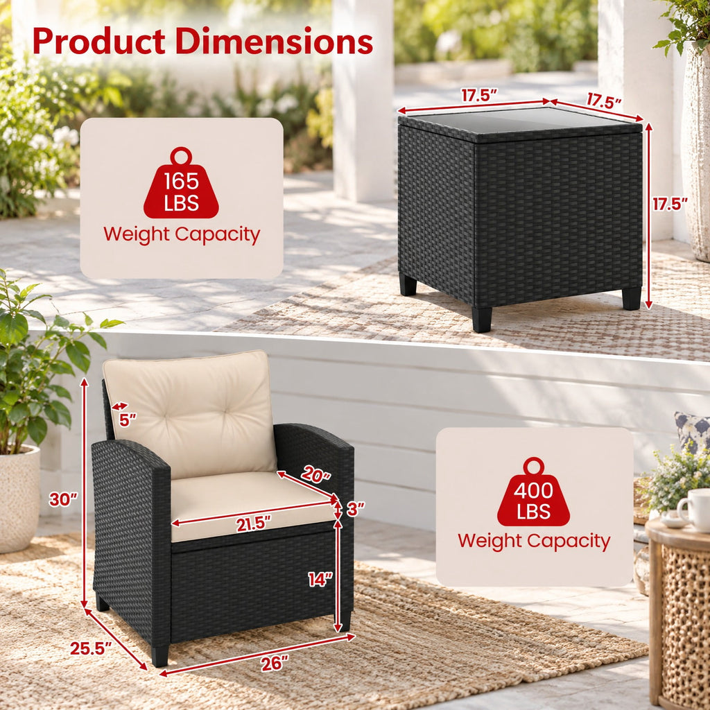 Airfind 3 Pieces Patio Furniture Set with Tempered Glass Coffee Table, 400 lbs Capacity, PE Rattan Metal Tempered Glass Polyester Sponge Frame