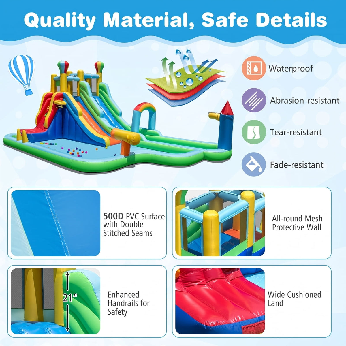 Airfind Giant Inflatable Water Slide Park with Double Long Slides, Climbing Wall, Basketball Hoop, 50 Ocean Balls, 225x145x105in for Kids 3-12