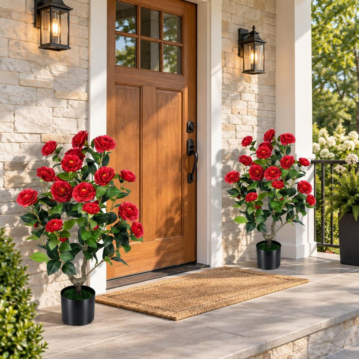 Airfind Artificial Camellia Tree Faux Flower Plant in Cement-Filled Pot=Red, PE PP Cement Overall Height 35.5 Flower Pot Height 5 Flower Pot Frame