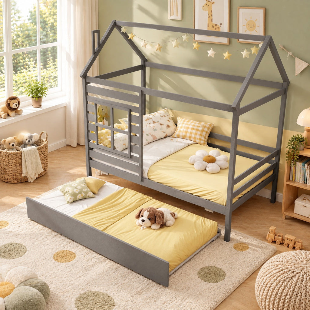 Airfind Twin Size Wooden Platform House Bed with Trundle and Roof, 250 lbs Capacity, Solid Wood Plywood Slats Engineered Wood Frame, Grey