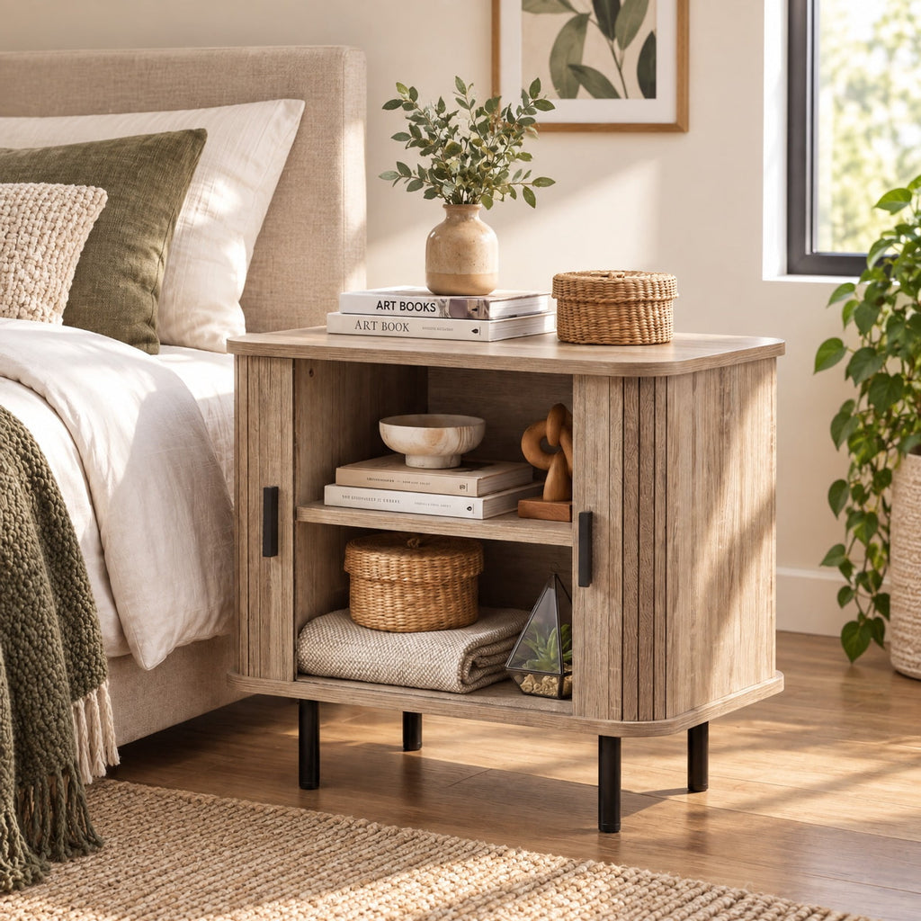 Airfind End Table Modern Mid Century Nightstand with Sliding Tambour Doors and Storage Shelf, 88 lbs Capacity, Engineered Wood MDF Metal Frame
