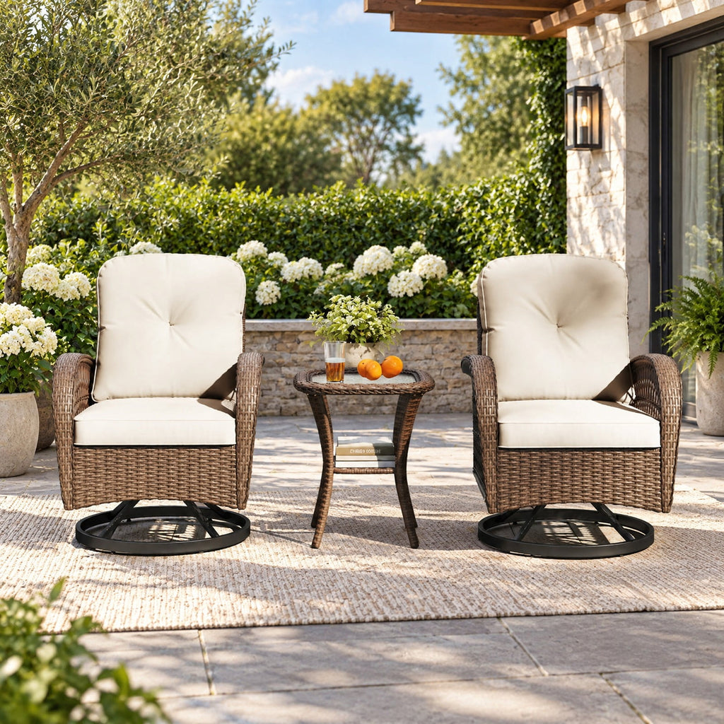 AIRFIND Patio Swivel Rocker Set of 3 with Cushioned Chairs, Tempered Glass Side Table and Metal Frame, 400 lb Chair Capacity, White