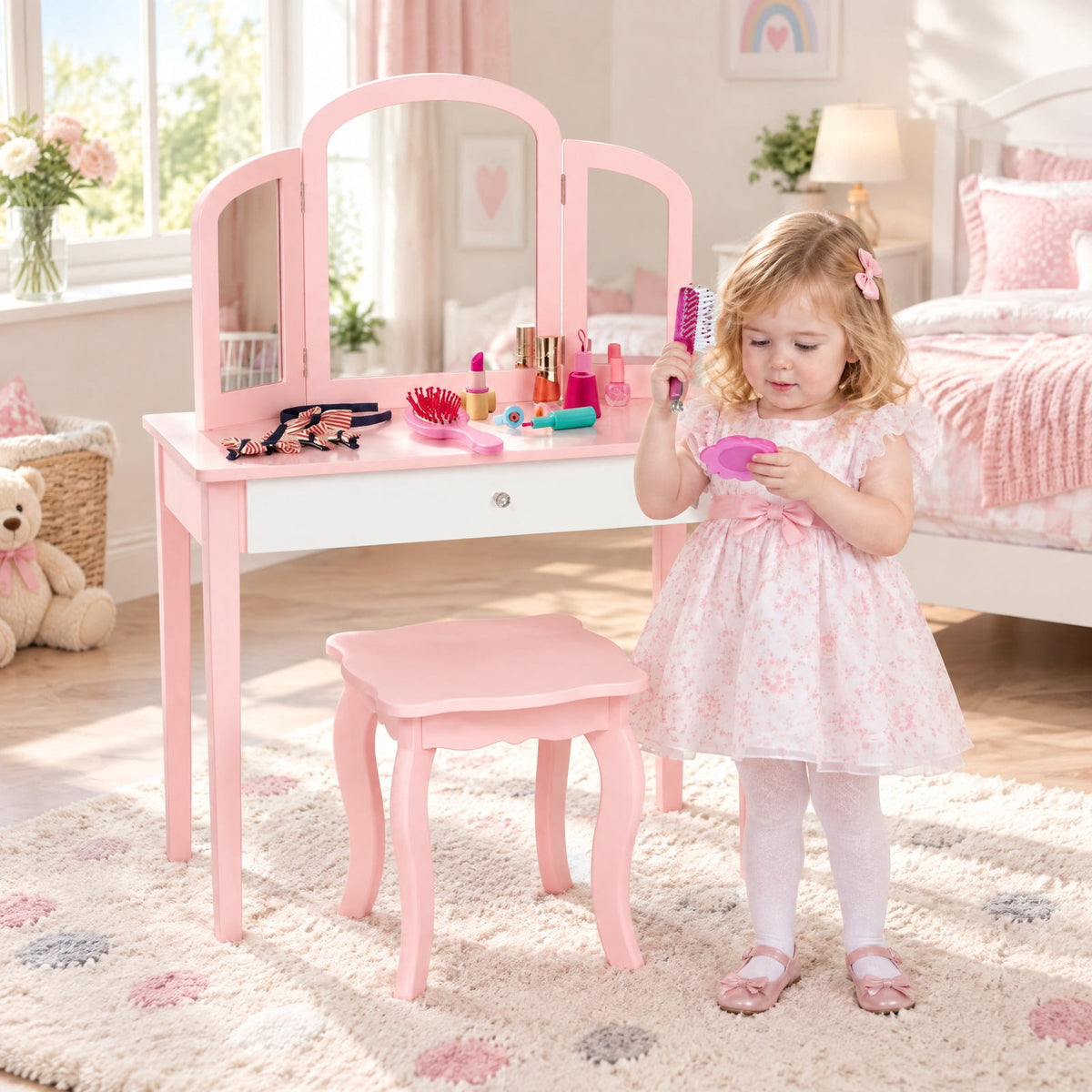 Airfind Kids Princess Make Up Dressing Table with Tri-folding Mirror and Chair, 33 lbs Capacity, MDF Frame, 27.5 x 13.5 x 37.5 Footprint, Pink