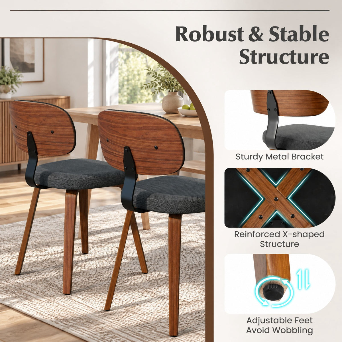 Airfind Chenille Fabric Upholstered Wooden Kitchen Chairs Set of 2, 330 lbs Capacity, Chenille Sponge Bentwood Metal Frame, Dark Gray