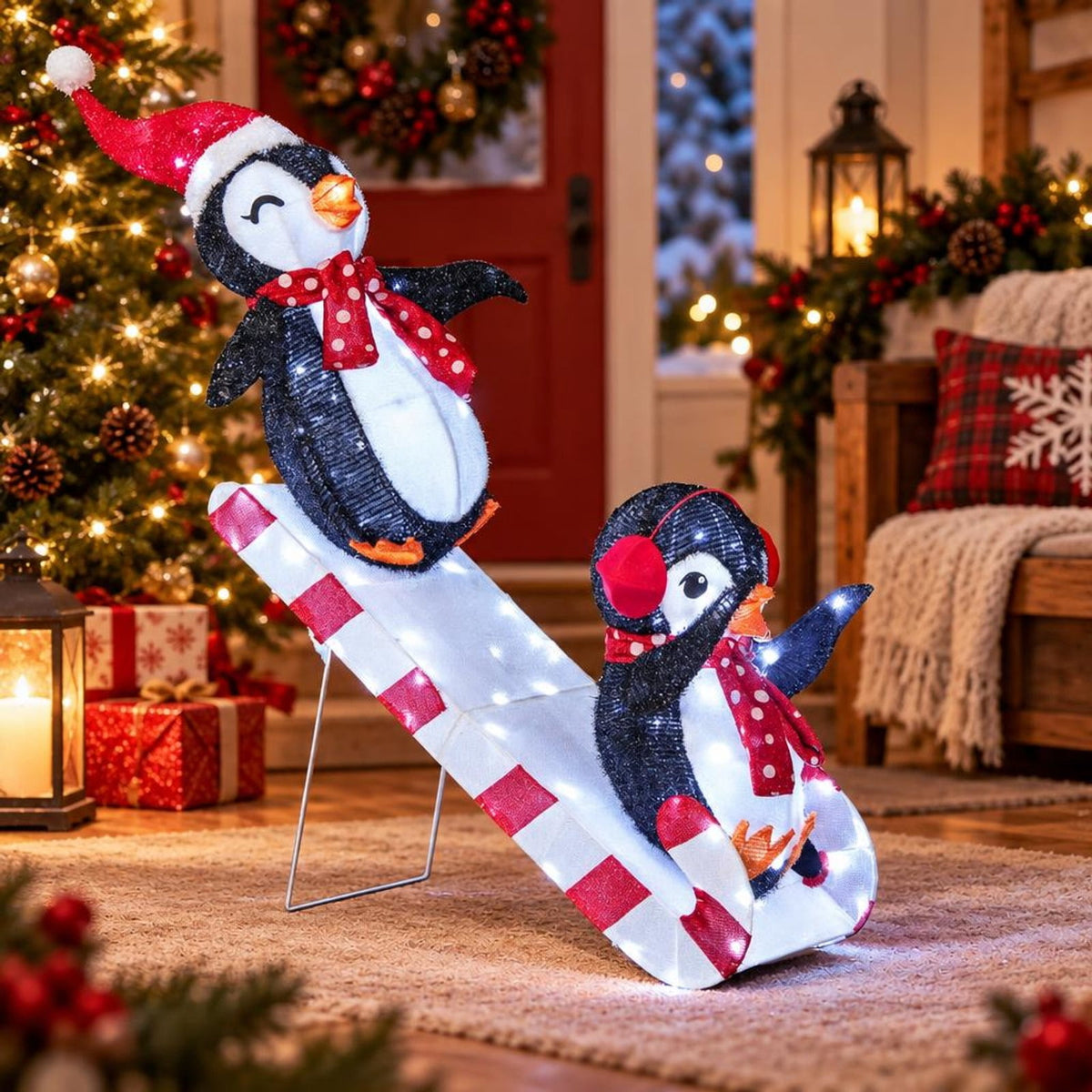 Airfind Lighted Christmas Decoration Penguins 3D Pre-Lit Penguins Slide with 170 LED Lights, Metal Frame, Multi-color