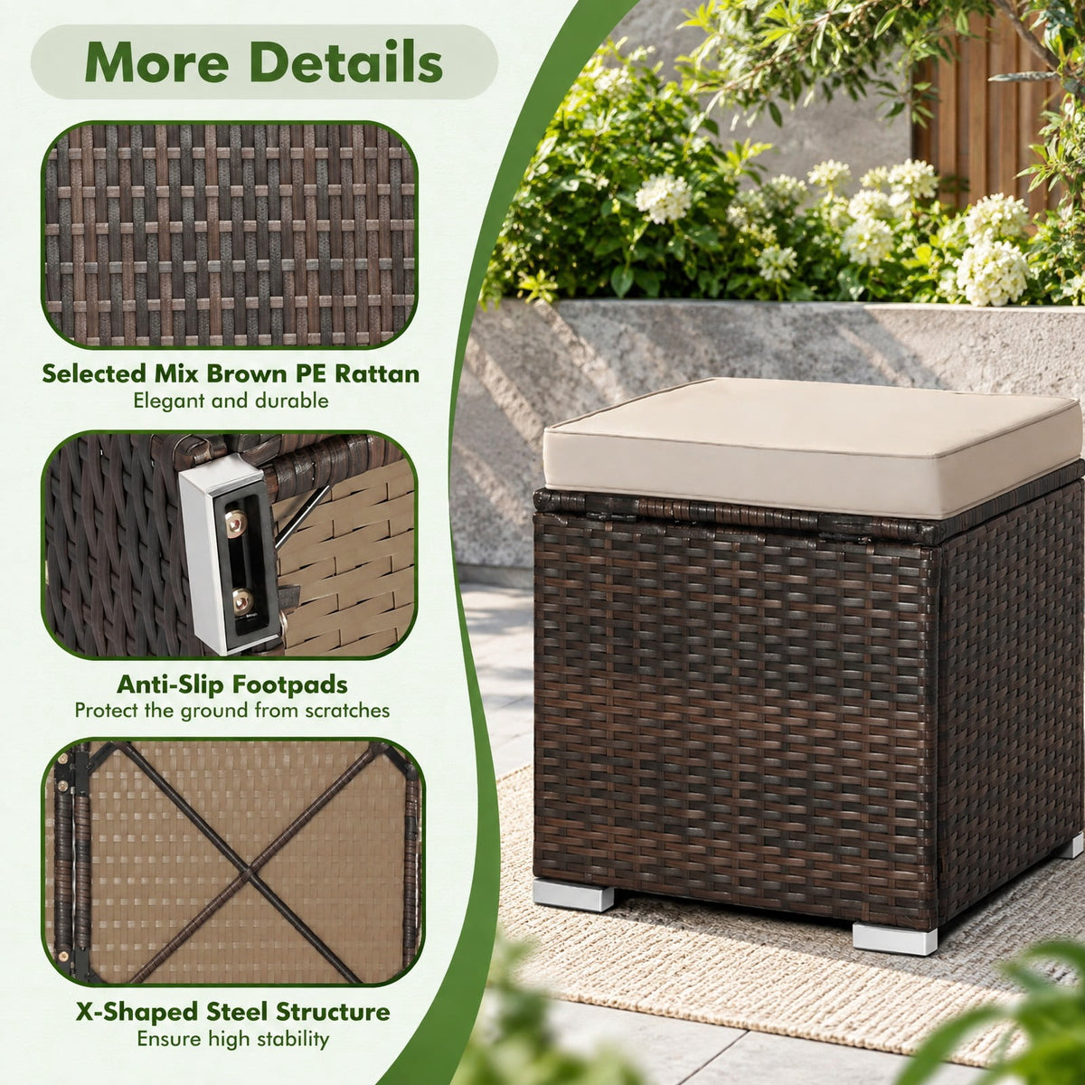 Airfind 2 Pieces Patio Ottoman with Removable Cushions, 350 lbs Capacity, Metal PE Rattan Sponge Polyester Frame, 16 x 16 x 15.5 Footprint, Brown