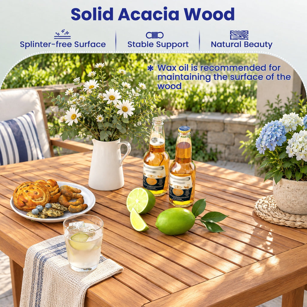 AIRFIND Patio Dining Table for Six with Acacia Wood Slatted Top, Umbrella Hole and Reinforced Frame, 67 x 35 x 30 in, Natural