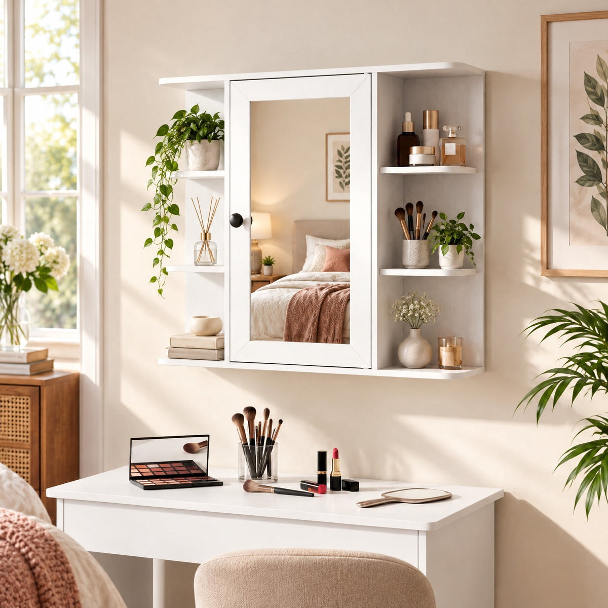 Airfind Wall Mounted Bathroom Medicine Cabinet with Mirror and Shelves, 120 lbs Capacity, MDF Engineered Wood Glass Frame, White