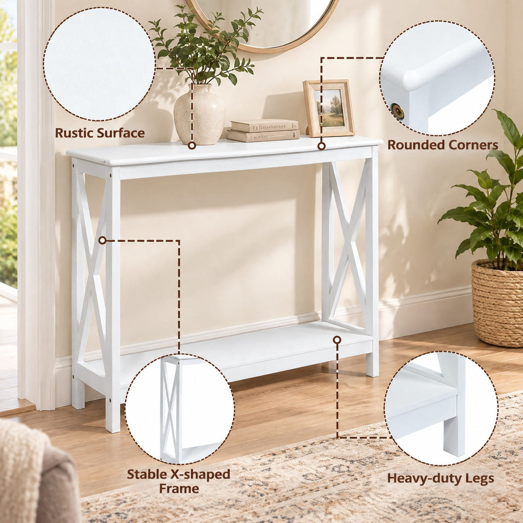 Airfind 2-Tier Console X-Design Sofa Side Accent Table, 66 lbs Capacity, P2 MDF Frame, 39.5 x 12 x 31.5 Footprint, White