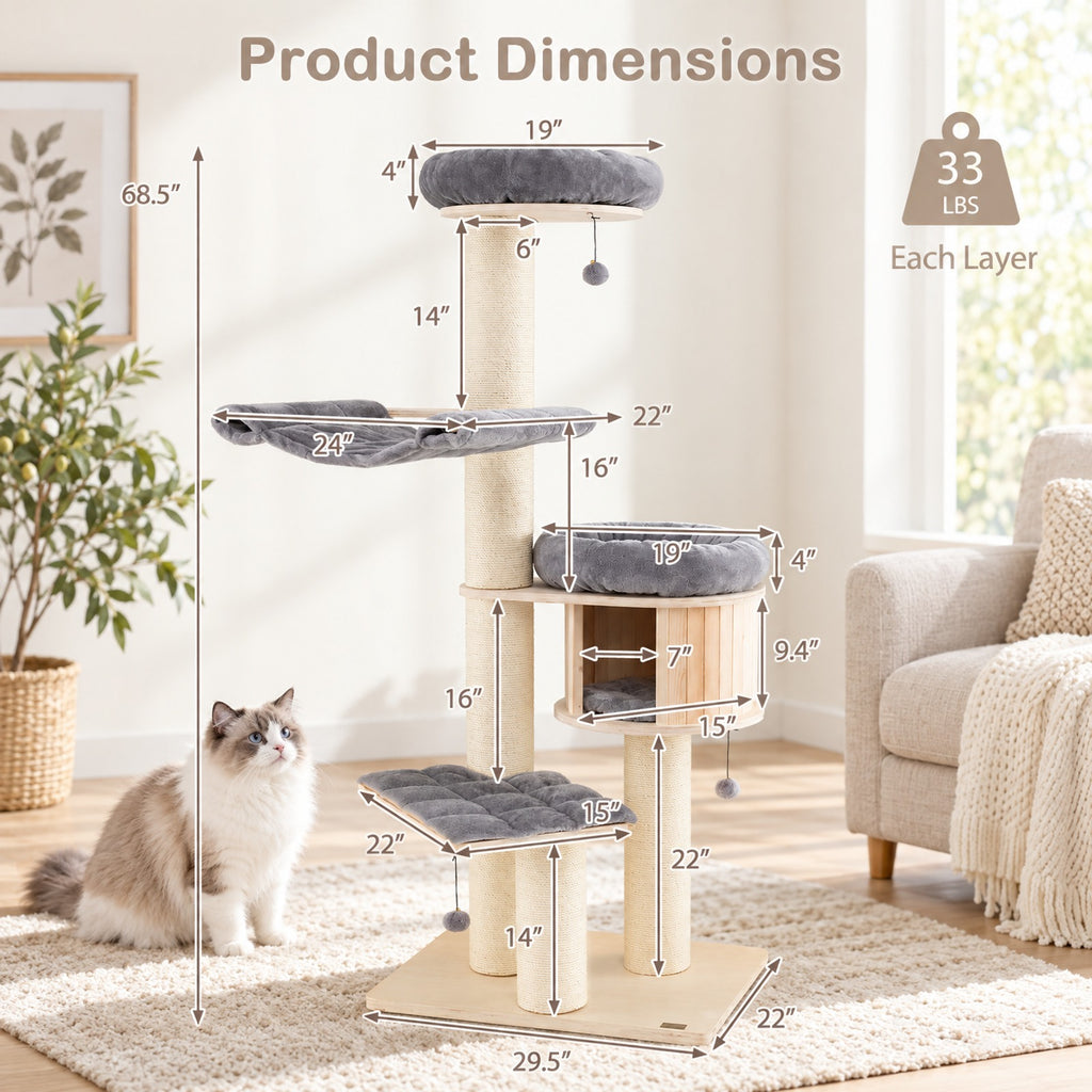 Airfind 4-Layer 68.5-Inch Wooden Cat Tree Condo Activity Tower with Sisal Posts, 33 lbs Capacity, Pine wood birch wood sisal plush Frame, Gray