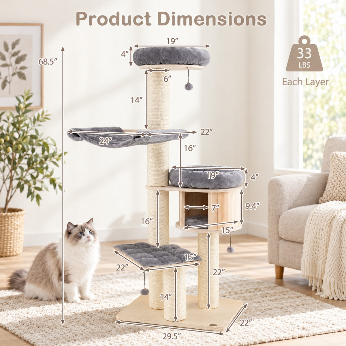 Airfind 4-Layer 68.5-Inch Wooden Cat Tree Condo Activity Tower with Sisal Posts, 33 lbs Capacity, Pine wood birch wood sisal plush Frame, Gray