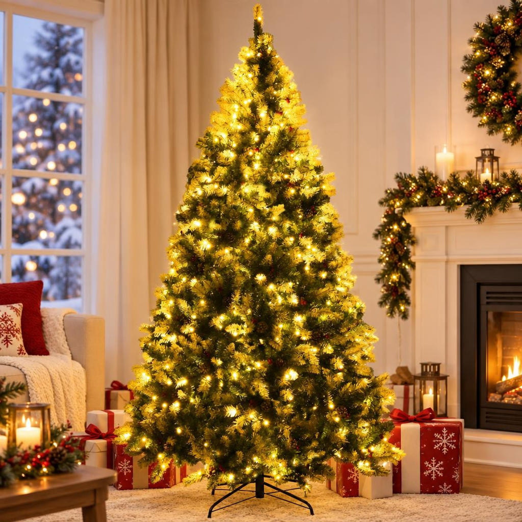 Airfind Pre-Lit Hinged Lifelike Lush Artificial Christmas Tree with PVC Tips-7.5 Feet, PVC metal Frame, 6ft x 3.6ft/7.5ft x 4.2ft/9ft x 4.7ft Footprint