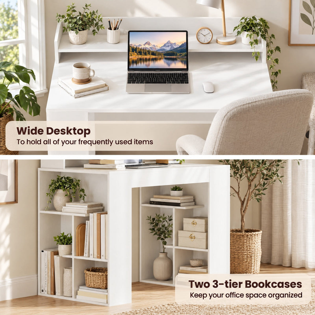 Airfind 43 Inch Computer Desk with Power Outlets and 2 Bookcases, 200 lbs Capacity, Engineered Wood Frame, 43 Inch x 22 Inch x 37 Inch Footprint, White
