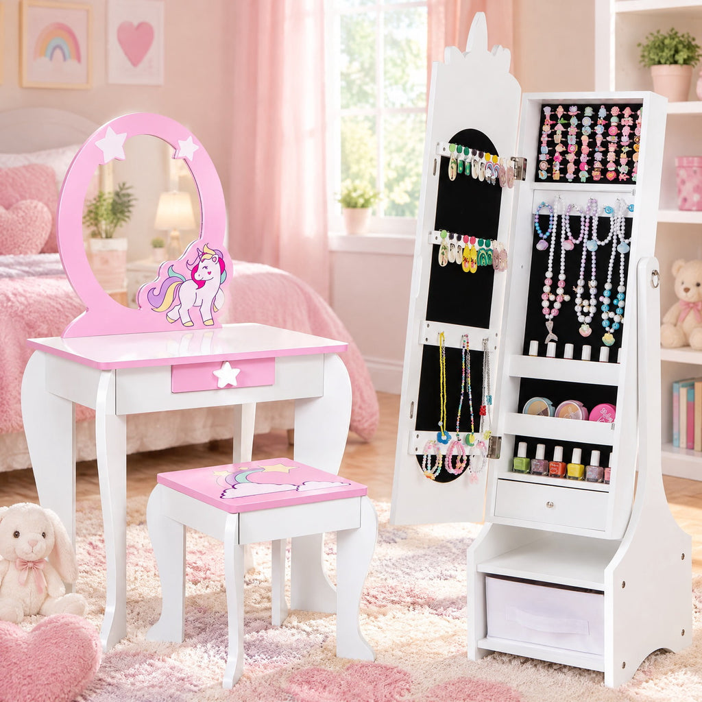 Airfind Kids Jewelry Armoire Cabinet with Storage and 2 Tilt Angles, MDF Frame, 12.5 x 12 x 45.5 Footprint, White
