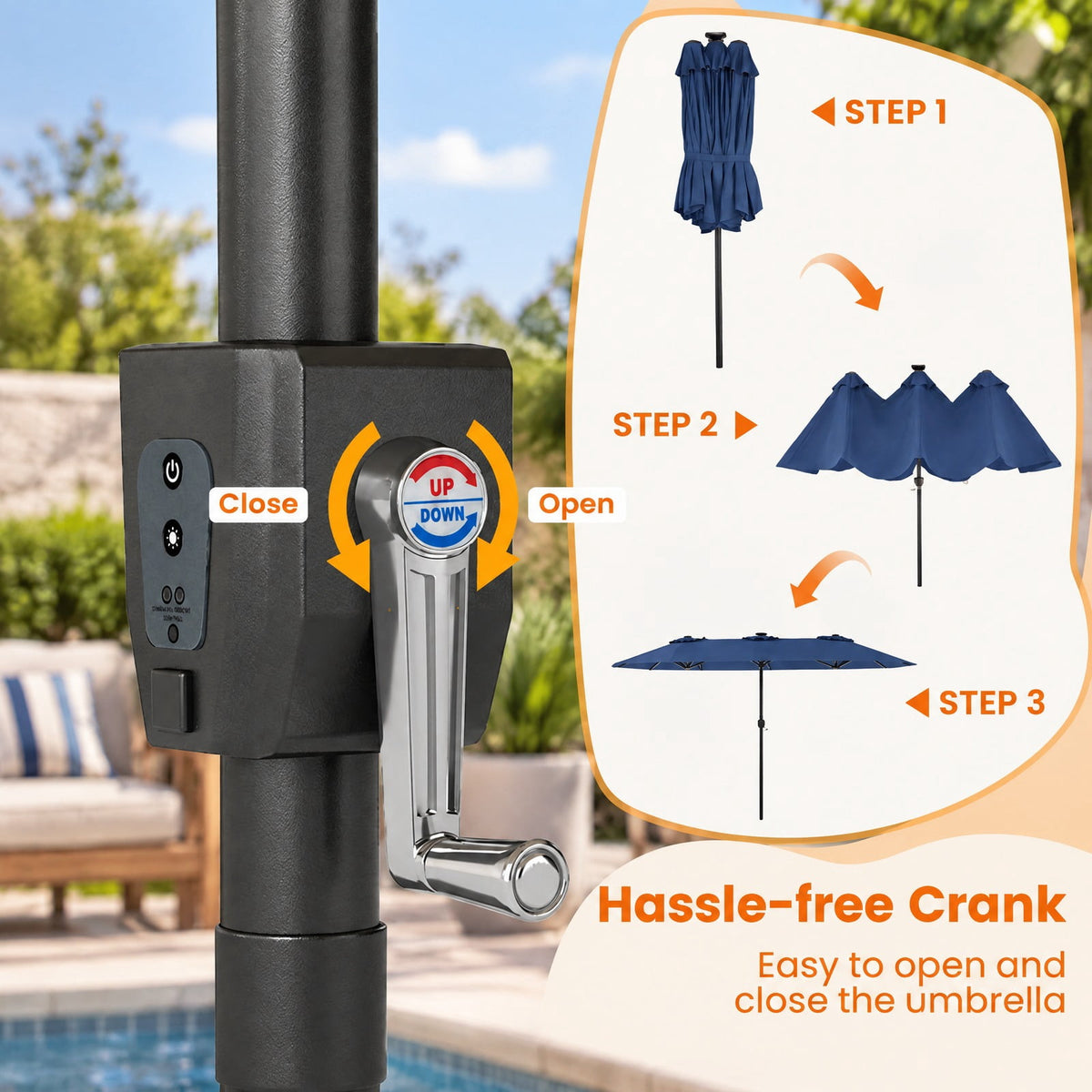 Airfind 13 FT Double-Sided Patio Umbrella with Color-Changing Flowing Solar LED Lights, Polyester Fabric Metal Frame, 13 x 7 ft Footprint, Navy