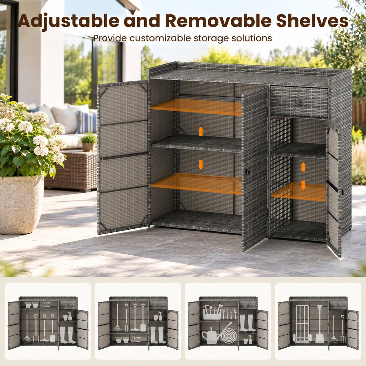 Airfind 3 Doors Outdoor PE Wicker Storage Cabinet for Deck, 110 lbs Capacity, PE Rattan Metal Frame, 48 x 17 x 40 Footprint, Gray