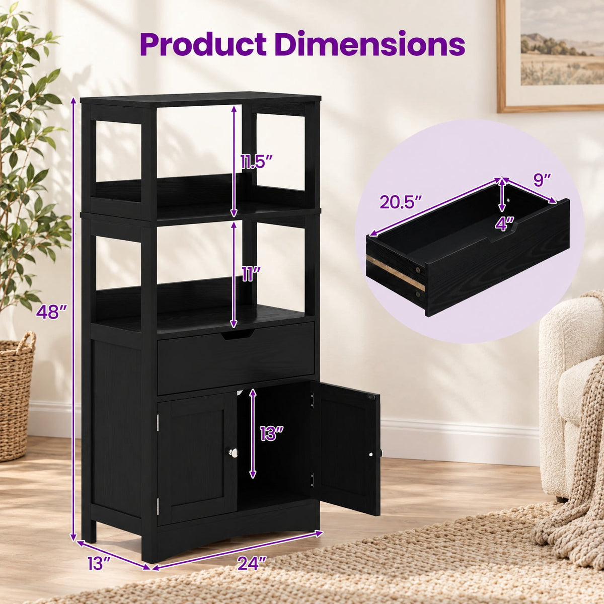 Airfind Bathroom Storage Cabinet with Drawer and Shelf Floor Cabinet, 20 lbs Capacity, MDF PB Frame, Black