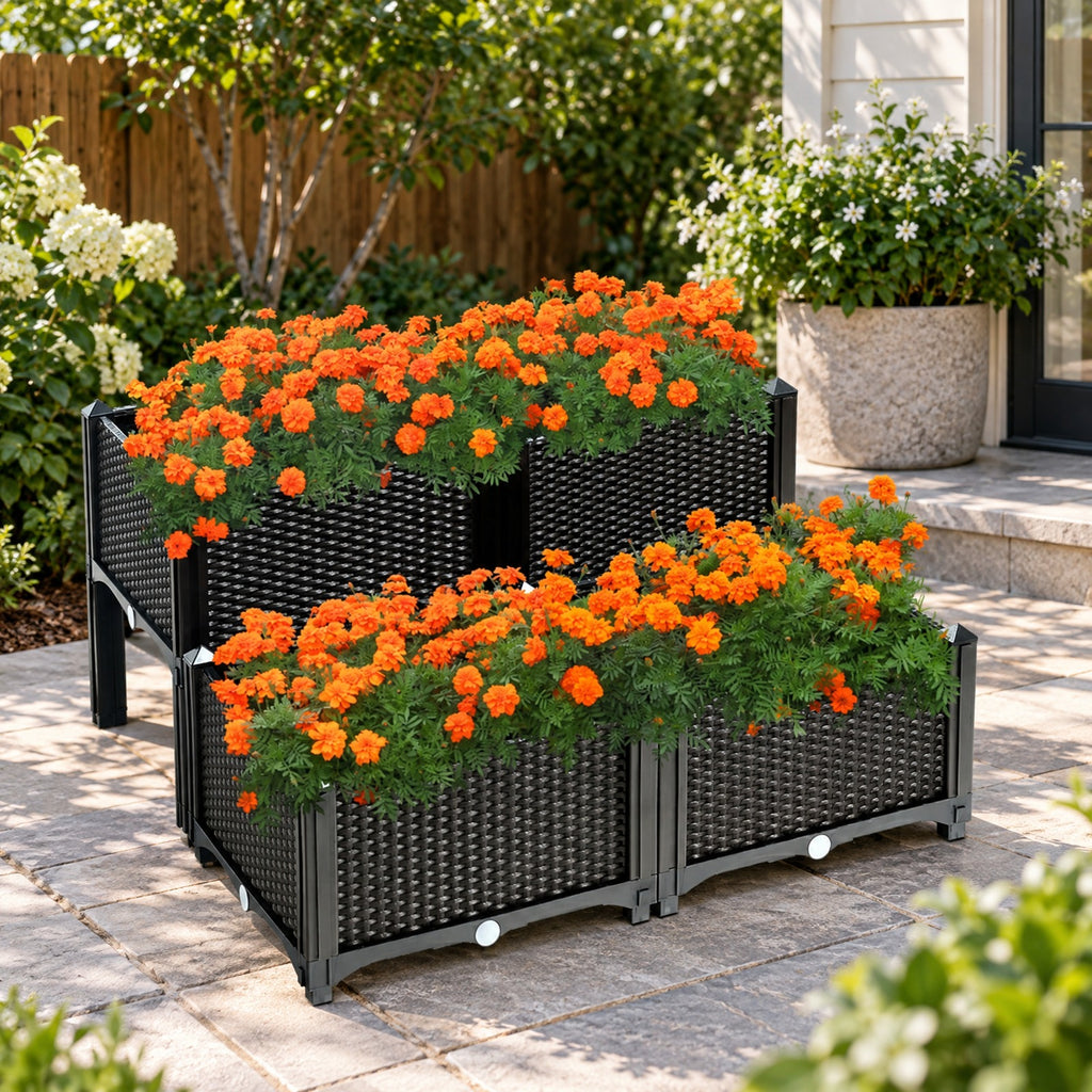 Airfind Set of 4 Elevated Flower Vegetable Herb Grow Planter Box, Reinforced PP materials Frame, Brown