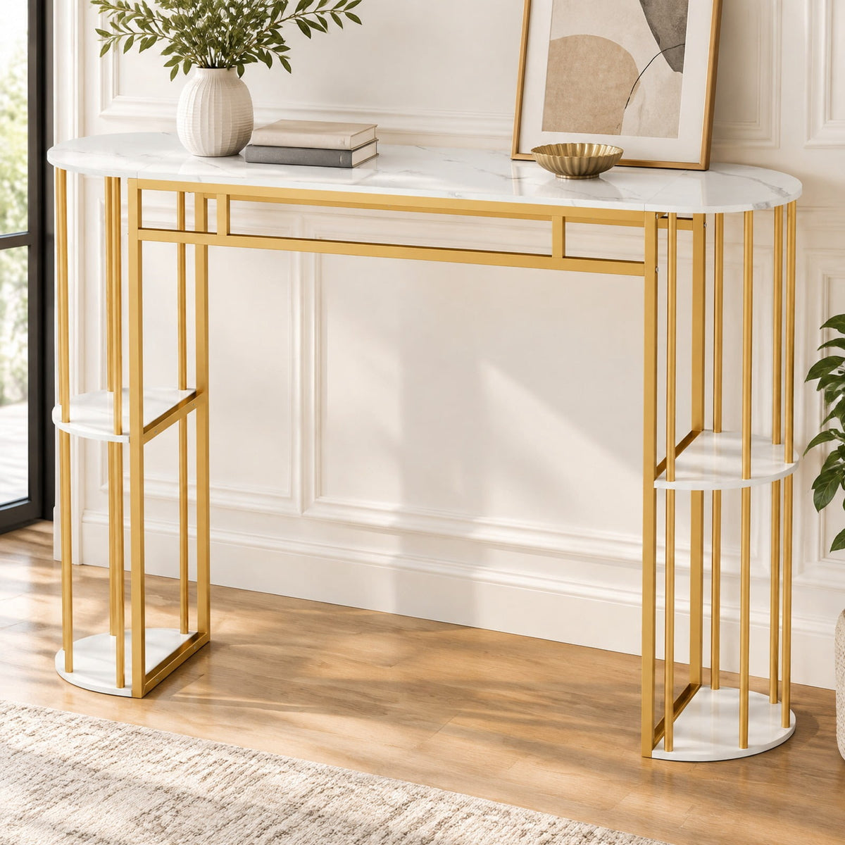 Airfind 60 Inch Long Bar Table Narrow with Faux Marble Tabletop and Storage Shelves, 135 lbs Capacity, Metal Engineered Wood Frame, White